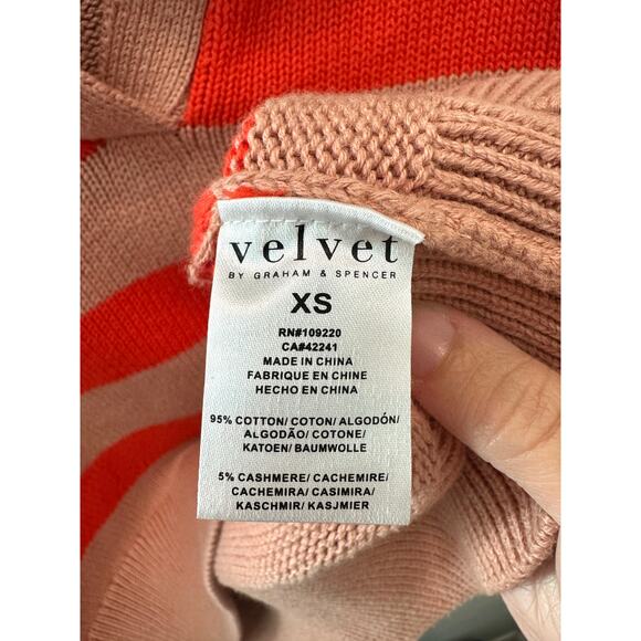 VELVET BY GRAHAM & SPENCER Striped Polo Sweater Tan Red Cotton Cashmere | XS - Picture 6 of 7